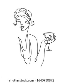 Flapper Girl From 20s Black And White Vector Illustration. Woman With Cocktail, Wineglass, Martini.  One Continuous Line Drawing Of Flapper Girl Portrait. 