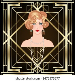 Flapper girl . Art deco (1920's style) vintage invitation template design for drink list, bar menu, glamour event, thematic wedding, jazz party flyer. Vector art.