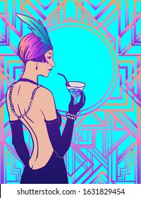 Flapper girl. Art deco (1920's style), vintage invitation template design for drink list, bar menu, glamour event, wedding, jazz party flyer. Vector illustration in neon colors.