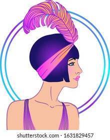 Flapper girl. Art deco (1920's style), vintage invitation template design for drink list, bar menu, glamour event, wedding, jazz party flyer. Vector illustration in neon colors.