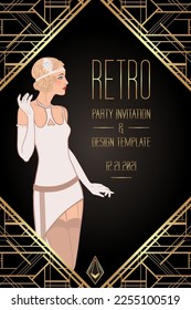 Flapper girl. Art deco (1920's style) vintage invitation template design for drink list, bar menu, glamour event, thematic wedding, jazz party flyer. Vector art.