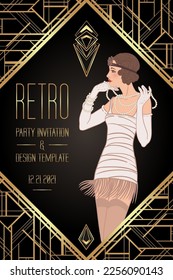 Flapper girl. Art deco (1920's style) vintage invitation template design for drink list, bar menu, glamour event, thematic wedding, jazz party flyer. Vector art.