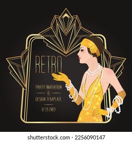 Flapper girl. Art deco (1920's style) vintage invitation template design for drink list, bar menu, glamour event, thematic wedding, jazz party flyer. Vector art.