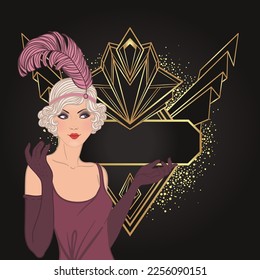 Flapper girl. Art deco (1920's style) vintage invitation template design for drink list, bar menu, glamour event, thematic wedding, jazz party flyer. Vector art.