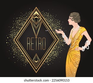 Flapper girl. Art deco (1920's style) vintage invitation template design for drink list, bar menu, glamour event, thematic wedding, jazz party flyer. Vector art.