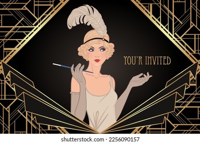 Flapper girl. Art deco (1920's style) vintage invitation template design for drink list, bar menu, glamour event, thematic wedding, jazz party flyer. Vector art.