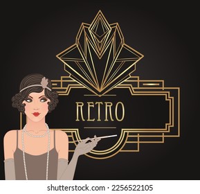 Flapper girl. Art deco (1920's style) vintage invitation template design for drink list, bar menu, glamour event, thematic wedding, jazz party flyer. Vector art.