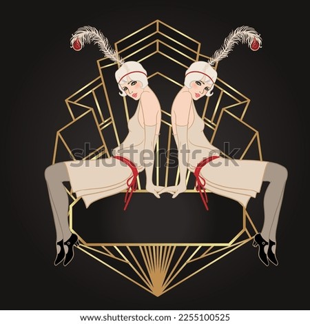 Flapper girl. Art deco (1920's style) vintage invitation template design for drink list, bar menu, glamour event, thematic wedding, jazz party flyer. Vector art.