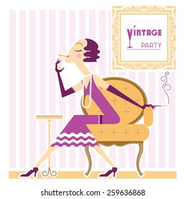 Flapper girl with cigarette on vintage party.Vector illustration