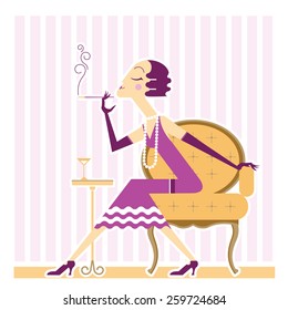 Flapper girl with cigarette in room.Vector illustration