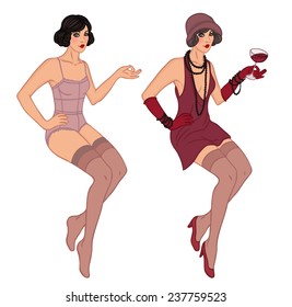 Flapper Girl:  Cute Dress Up Paper Doll. Body Template, Outfit And Accessories. Vector Illustration.