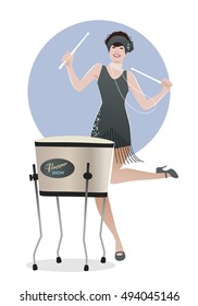 Flapper girl dressed in 1920s clothes, playing drum
