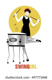 Flapper girl dressed in 1920s clothes, playing drum