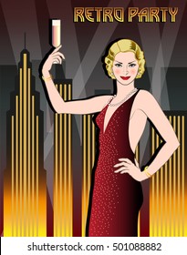 Flapper girl with a glass of champagne in a sparkly dress on the background of night city. Retro party hand drawing invitation card. Art Deco style.