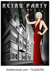 Flapper girl with a glass of wine on the background of night city. Retro Party invitation card. Handmade drawing vector illustration. Art Deco style