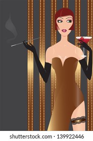 Flapper girl in golden dress with glass of martini