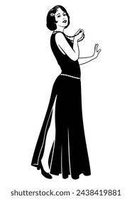 Flapper Girl. Pretty Lady 1920s in long dress. Black and white ink style vector clipart isolated on white.