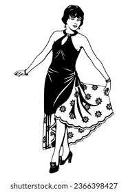 Flapper Girl. Pretty woman 20s. Black and white ink style vector clipart isolated on white.