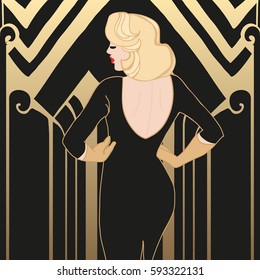 Flapper girl. Pretty woman. Great Gatsby. 1920s. Retro girl. Art deco