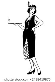 Flapper Girl. Retro beauty woman with cigarette. Black and white ink style vector clipart isolated on white.