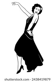 Chica Flapper. Mujer de belleza retro bailando. Vector de estilo de tinta blanco y negro clipart aislado en blanco.