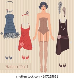 Flapper girl: Retro party design. Vector illustration. Cute dress up paper doll. Body template, outfit and accessories 