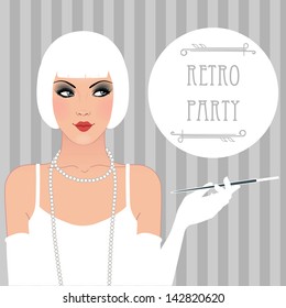 Flapper girl: Retro party invitation design. Vector illustration. Great Gatsby style.