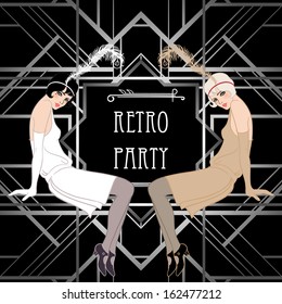 Flapper girl: Retro party invitation design. Vector illustration. 