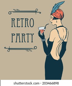 Flapper Girl: Retro Party Invitation Design. Cocktail Party. 