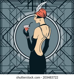 Flapper girl: Retro party invitation design. Cocktail Party. 