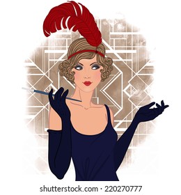 Flapper Girl: Retro Party Invitation Design. Vector Illustration. 