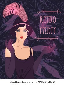 Flapper Girl: Retro Party Invitation Design Template. Vector Illustration. 