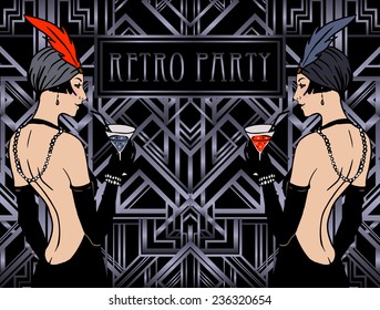 Flapper girl: Retro party invitation design template. Vector illustration. 