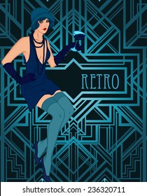 Flapper girl: Retro party invitation design template. Vector illustration. 