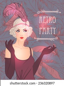 Flapper girl: Retro party invitation design template. Vector illustration. 