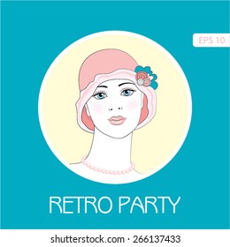 Flapper girl: Retro party invitation design template in 20's style. Vector illustration.