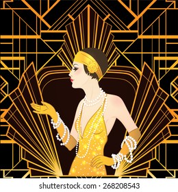 Flapper girl: Retro party invitation design template. Vector illustration.  