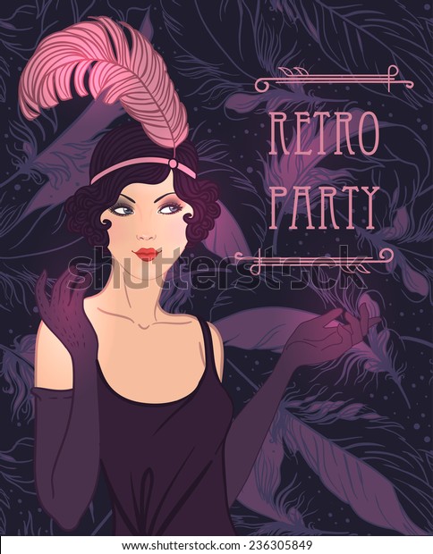 Flapper girl: Retro party invitation design template. Vector illustration.