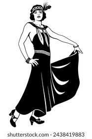 Flapper Girl. Retro Pretty Woman 20s in long dress. Black and white ink style vector clipart isolated on white.