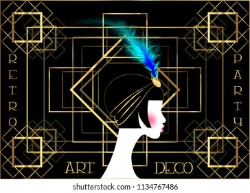 Flapper girl  retro woman twenties  Retro party invitation design and beautiful portrait 1920s style  fashion silhouette and feather  art print luxury Deco  vector gold   black background