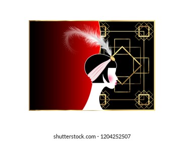 Flapper girl  retro woman twenties  Retro party invitation design and beautiful portrait 1920s style  fashion silhouette and feather  art print luxury Deco  vector gold   red black background