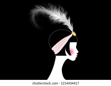 Flapper girl  retro woman twenties  Retro party invitation design and beautiful portrait 1920s style  fashion silhouette and feather  art print luxury Deco  vector isolated black background