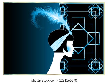 Flapper girl, retro woman of twenties. Retro party invitation design with beautiful portrait 1920s style, fashion silhouette with feather, art print luxury Deco, vector gold blue and black background