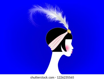 Flapper girl  retro woman twenties  Retro party invitation design and beautiful portrait 1920s style  fashion silhouette and feather  art print luxury Deco  vector isolated blue background