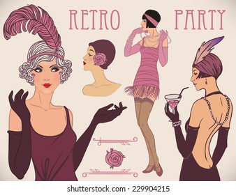 Flapper girl set: retro women of twenties. Vector illustration. Art Deco vintage invitation template design. Retro party in 1920's style.
