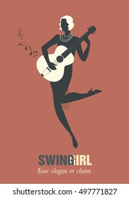 Flapper girl silhouette dressed in 1920s clothes, playing guitar