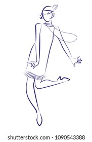 Flapper girl wearing 1920s clothes and long necklaces dancing charleston. Ink line drawing on white background.