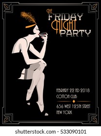 Flapper Girl With Wineglass. Retro Party Invitation Card. Handmade Drawing Vector Illustration. Art Deco Style