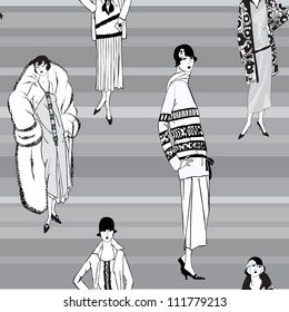 Flapper girls (20's style) seamless pattern: Retro fashion party background