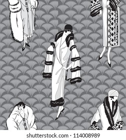 Flapper girls (20's style) seamless pattern: Retro fashion party background